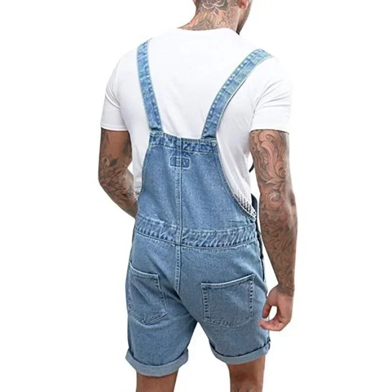 Wepbel One-Piece Working Bib Top Pants Denim Retro Jeans Overalls Summer Men\'s Denim with Hole Shorts Suspender Shorts Jeans