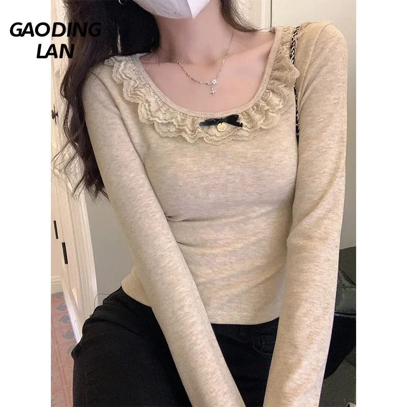 GAODINGLAN Bow Tie Lace Round Neck Women Tops Autumn Winter Long Sleeve Oat Color Bottom Tshirts Female Slim Waist Sexy Crop Tee