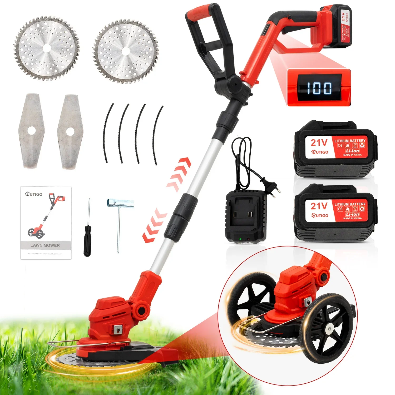 Tagliatrice elettrica a spazzole senza fili 21V, manico telescopico 3 tipi di perline, applicabile al taglio del giardino