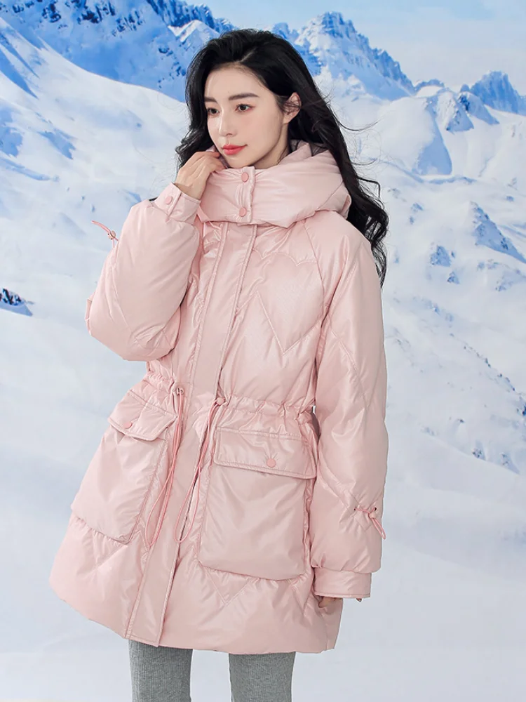 

Women's Down Jacket Winter New Puffer Coats Korean Glossy Drawstring Outerwears Thickened Warm Snow Wear Mid-length Coats Down