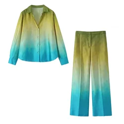 UNIZERA2024 Autumn New Women's Fashion Polo Neck Tie Dyed Silk Satin Texture Draping Shirt Loose Wide Leg Pants Set