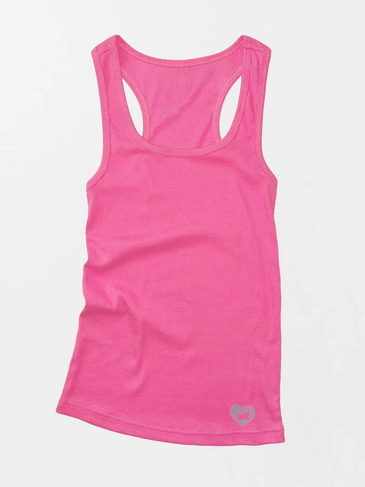 2026 Hot Pink Racerback Tanktop mit Herz-Logo, gerippt, schmal geschnitten, ärmelloses Basic-Camisole – Detail 1