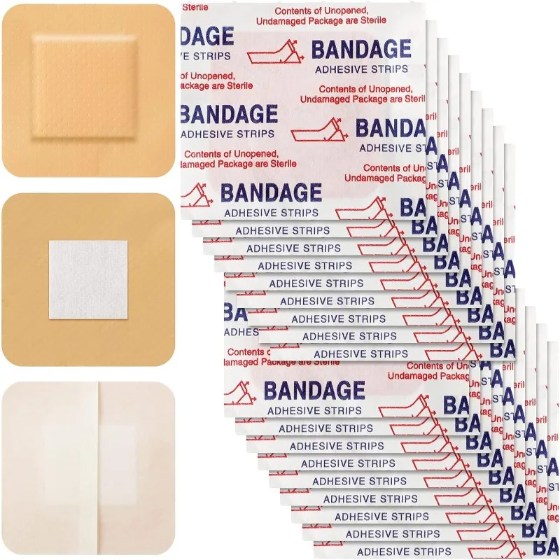 Impermeável PE ferida gesso band aid, bandagem adesiva, etiqueta protetora para exterior, casa, primeiros socorros, 38x38mm, 100pcs