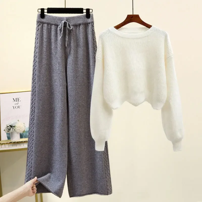 Set of Two Fashion Pieces for Women Long Sleeve Printing Pullover All-match Knitted High Waist Wide-leg Pants Women Knitted Suit