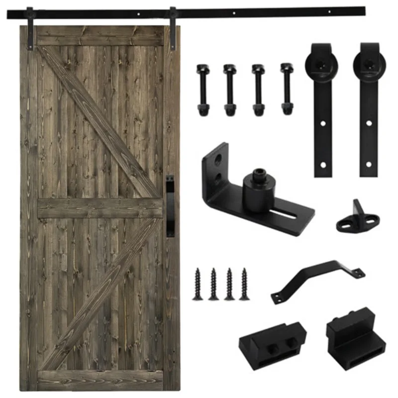 

42 in x 84 in Sliding Barn Door with 7FT Barn Door Hardware Kit & Handle K Frame Solid Spruce Wood Gray Spray Paint