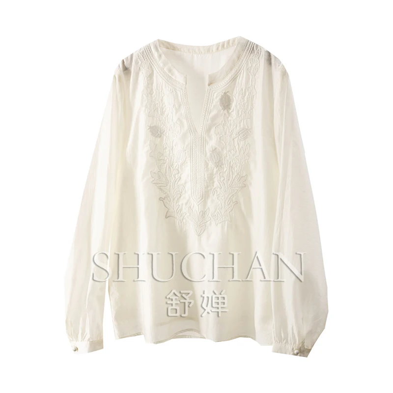 

Positioning Embroidery Containing Tencel Loose Round V-neck Long-sleeved Shirt Women 3Y13