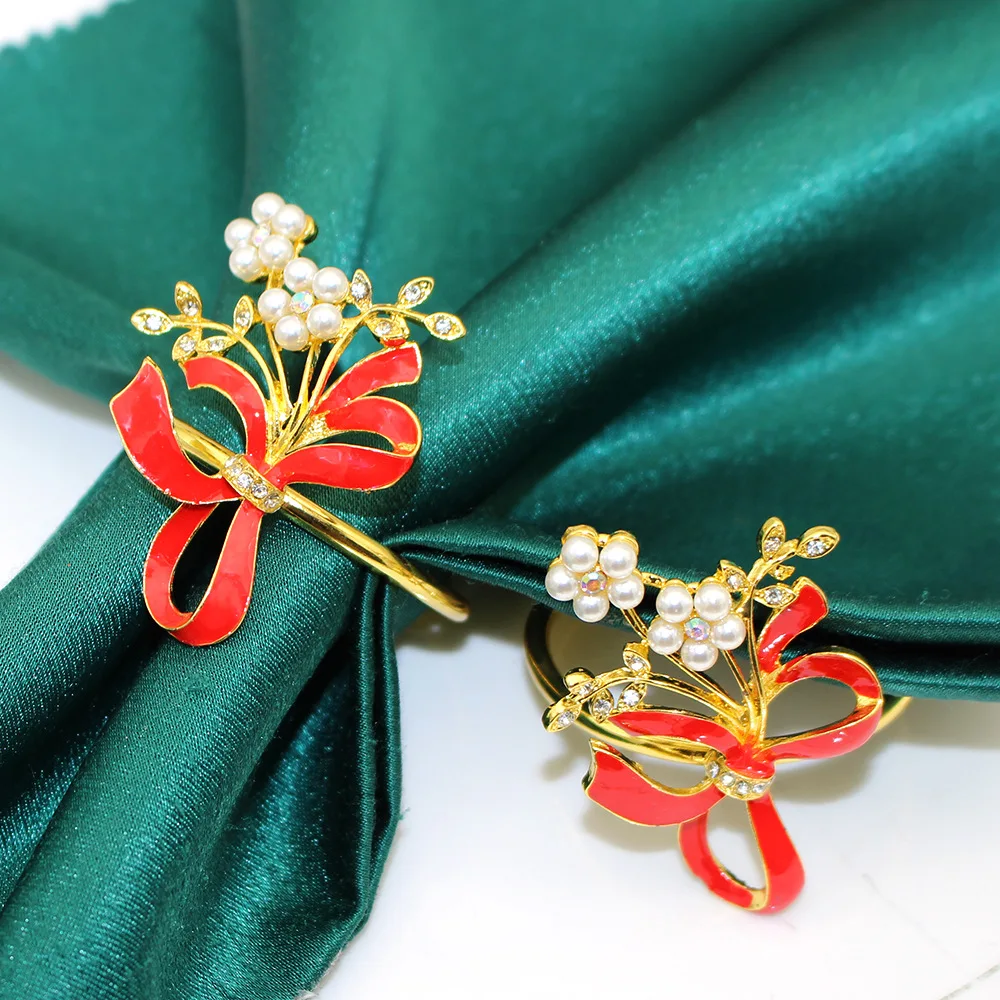 

2-60PCS Christmas napkin circle red bow napkin ring pearl napkin button alloy table decoration supplies
