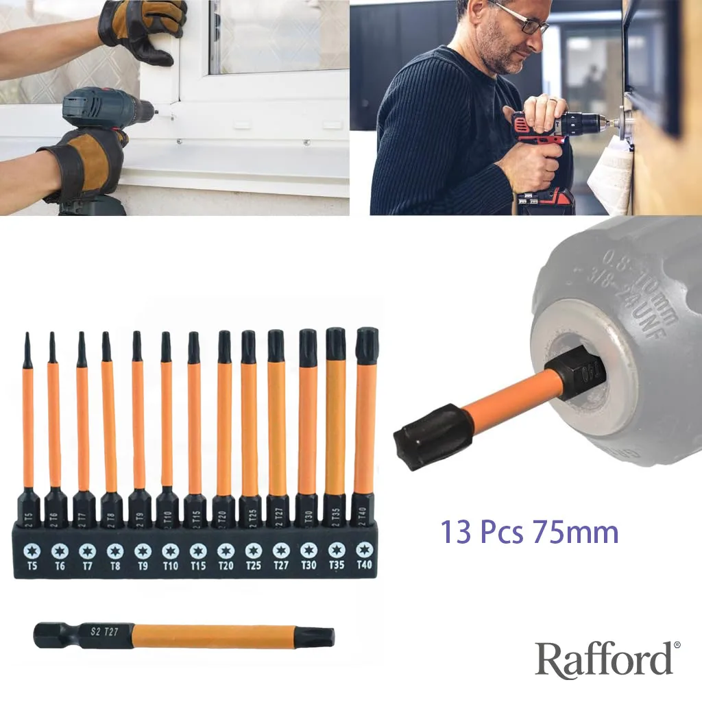 مجموعة لقم مفك توركس مكونة من 13 قطعة من رافورد (T5-T40، 75 مم): سبائك فولاذية S2، مغناطيسية قوية، ساق سداسية 1/4 بوصة، متوافقة مع برنامج تشغيل الصدمات