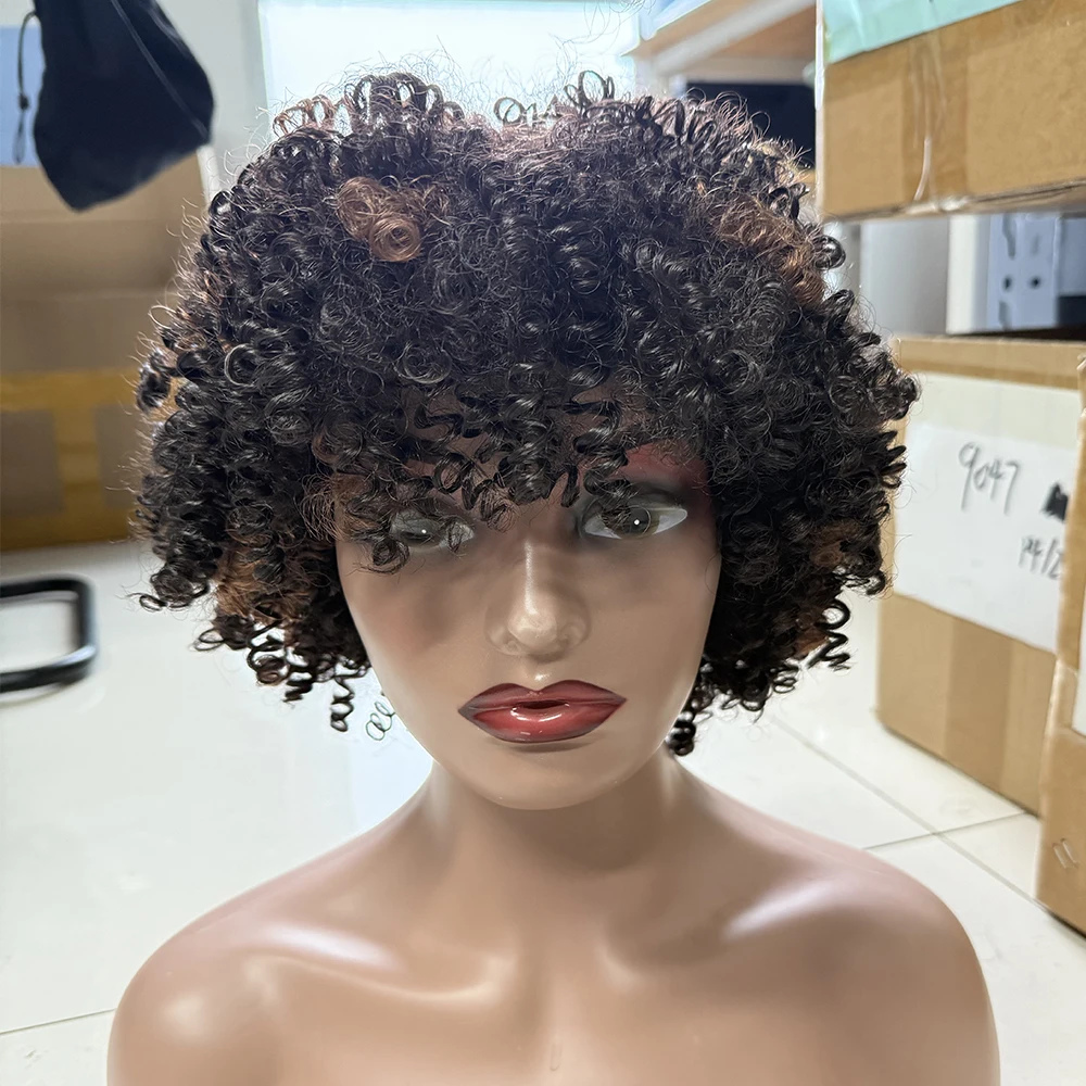 

1B/30 Афро-кудрявый вьющийся парик с челкой, термостойкое волокно, полностью синтетические вьющиеся волнистые парики, боковая часть для косплея или ежедневного использования