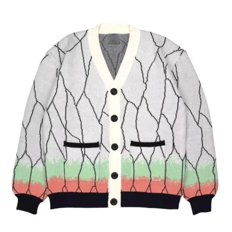 Demon Slayer аниме Камадо Танджиро косплей костюм унисекс вязаный свитер теплый кардиган свитер с v-образным вырезом куртка костюм на Хэллоуин