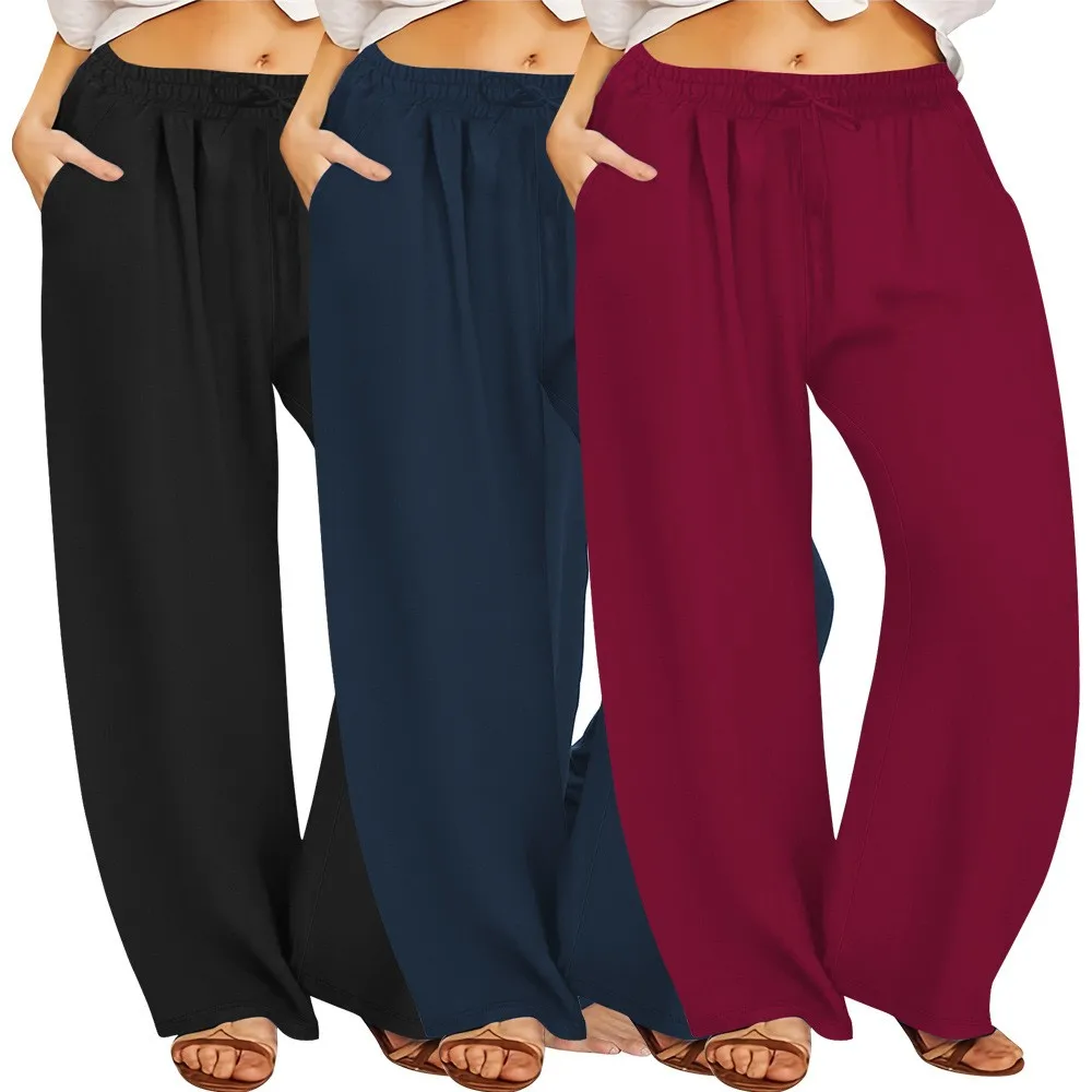 Summer Women Pants Casual Mid Waist Drawstring Waist Trousers Solid Color Black Navy Blue Wide Leg Pants Elastic Waist Side