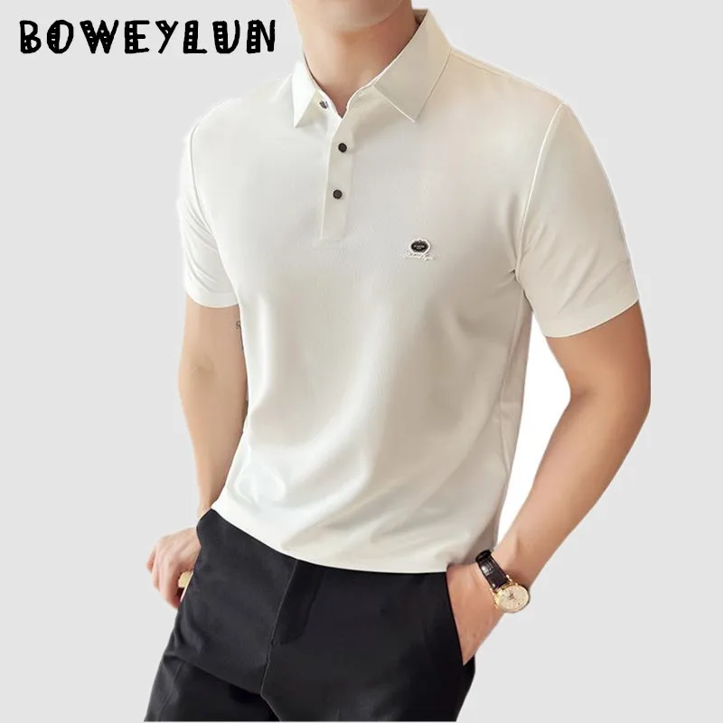 

BOWEYLUN Waffle Business Casual Short-sleeved Polo Shirt Men's Comfortable Breathable Stretch Solid Color T-shirt Tops For Male