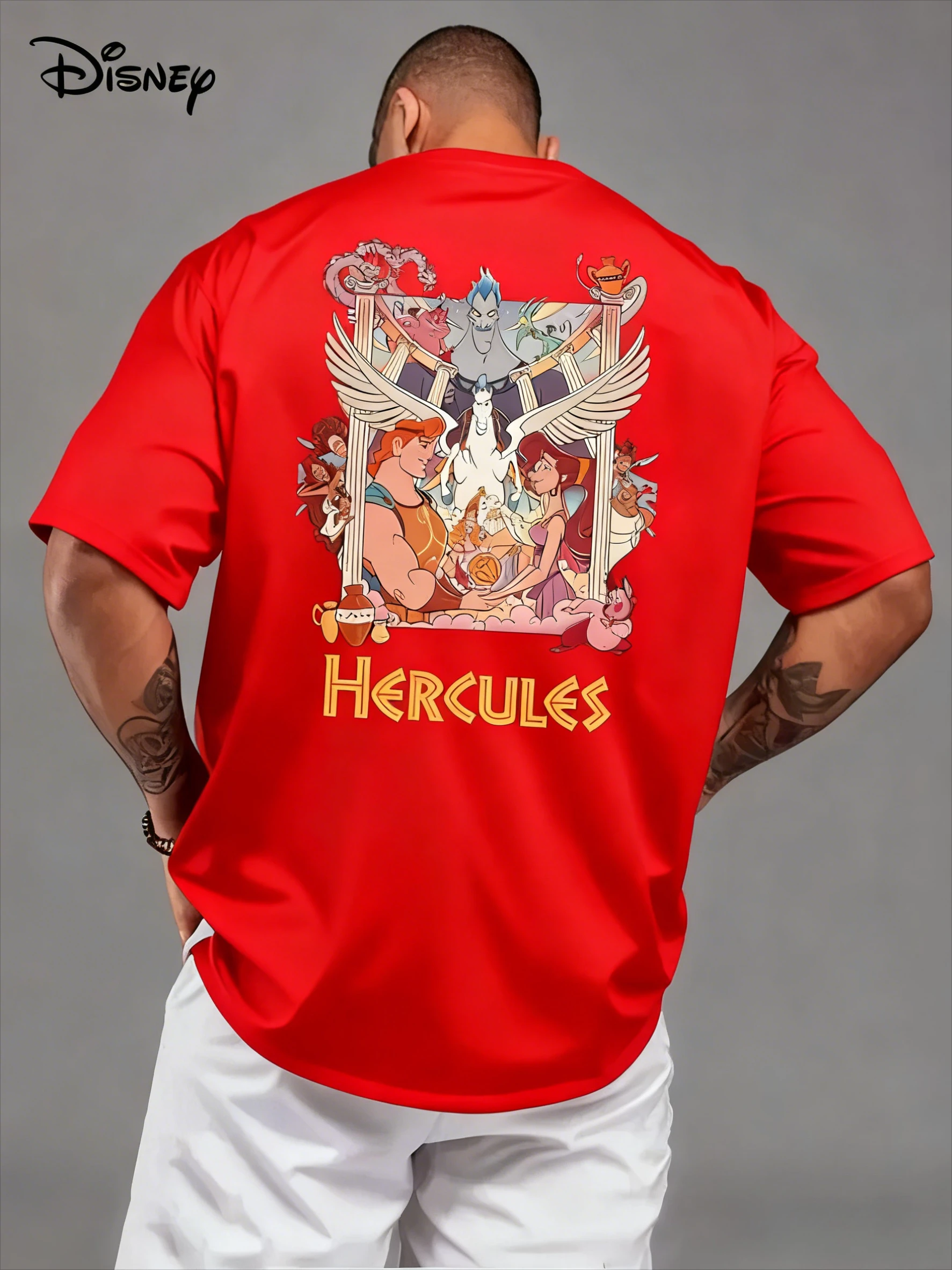 ديزني الكرتون هرقل تي شيرت مطبوع 2026 صيف جديد الشارع الأمريكي الهيب هوب عادية كم قصير Y2K للرجال والنساء