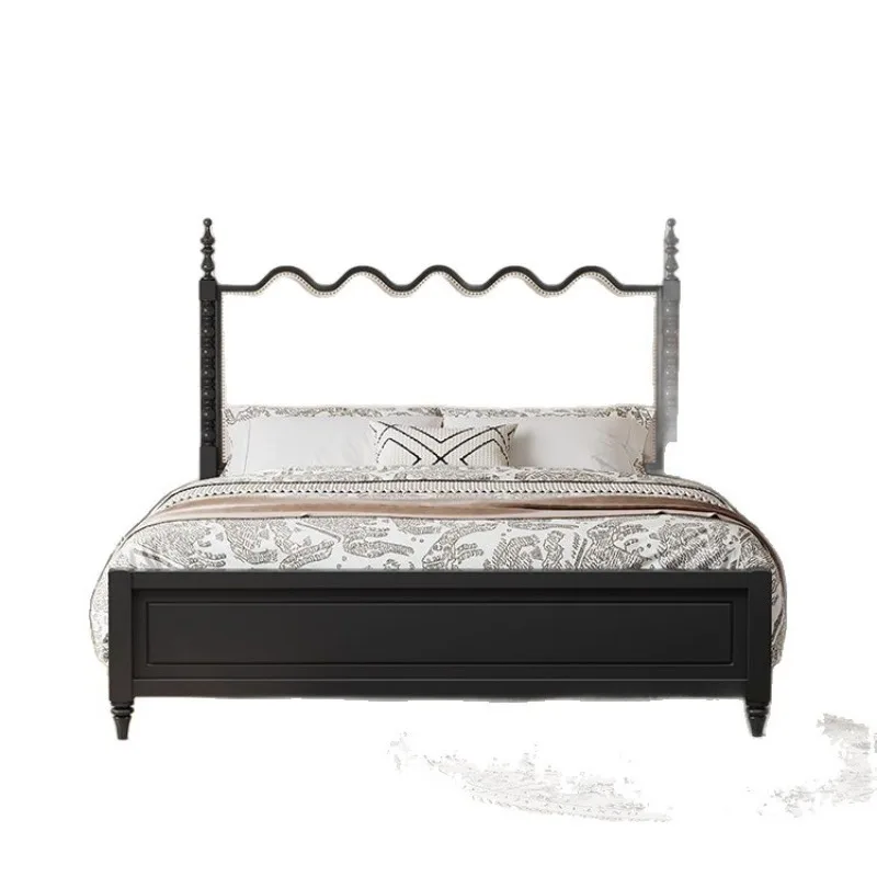 Light luxury master bedroom big bed, wedding bed double bed, retro medieval style all solid wood French bed Roman column