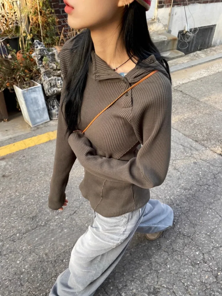 Felpe con cappuccio Vintage Simple Waffle felpe autunno New Skew Collar pullover Y2k Slim Fit manica lunga magliette lavorate a maglia da donna