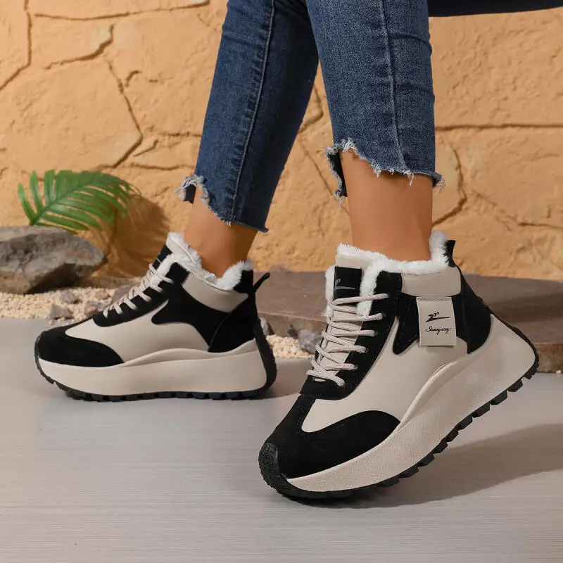 

Comfort Chunky Platform Furry Sneakers Women 2025 Winter Warm Long Plush Thick Bottom Sports Shoes Woman's Non Slip Sneakers