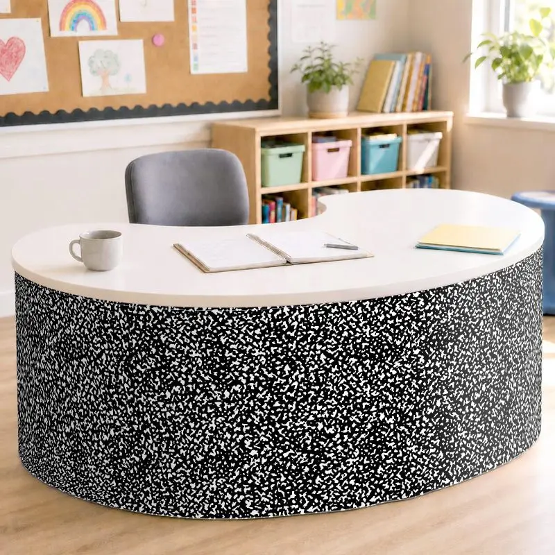 VIKAMA Back to School Black Terrazzo Curved Desk Skirt Speckle Print Fabric Teacher Classroom Table Cover Decor Table Skirting