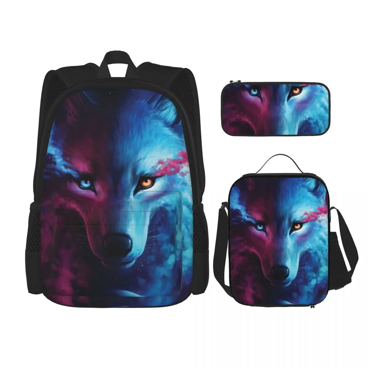 

Wolf Graphic Backpacks Boys Girls Bookbag Students School Bags Cartoon Kids Rucksack Lunch Bag Pen Bag Three-Piece Set