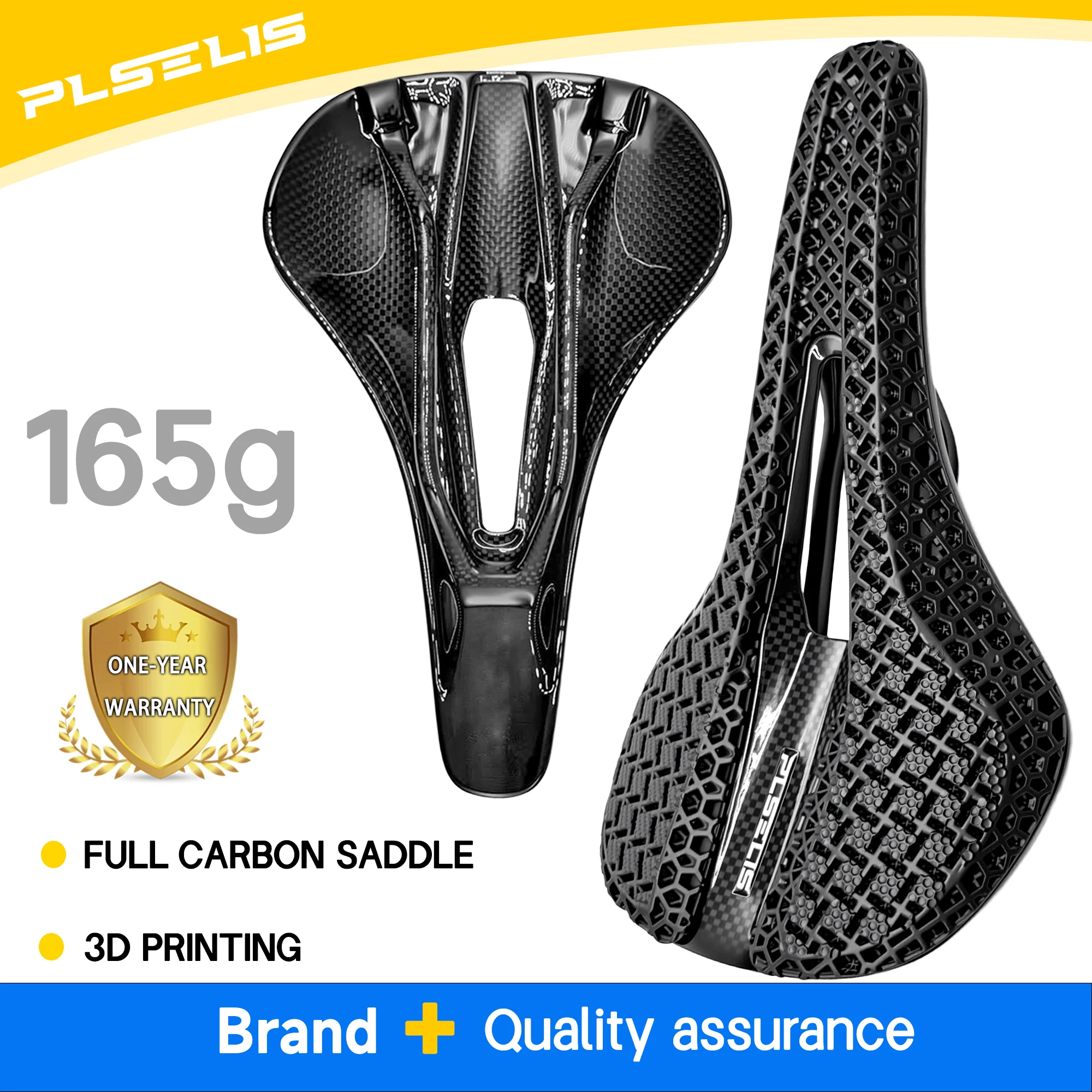 

Plselis carbon fiber saddle, hollow and breathable, ergonomically designed bicycle saddle, 3D printed surface, weighing 165g.