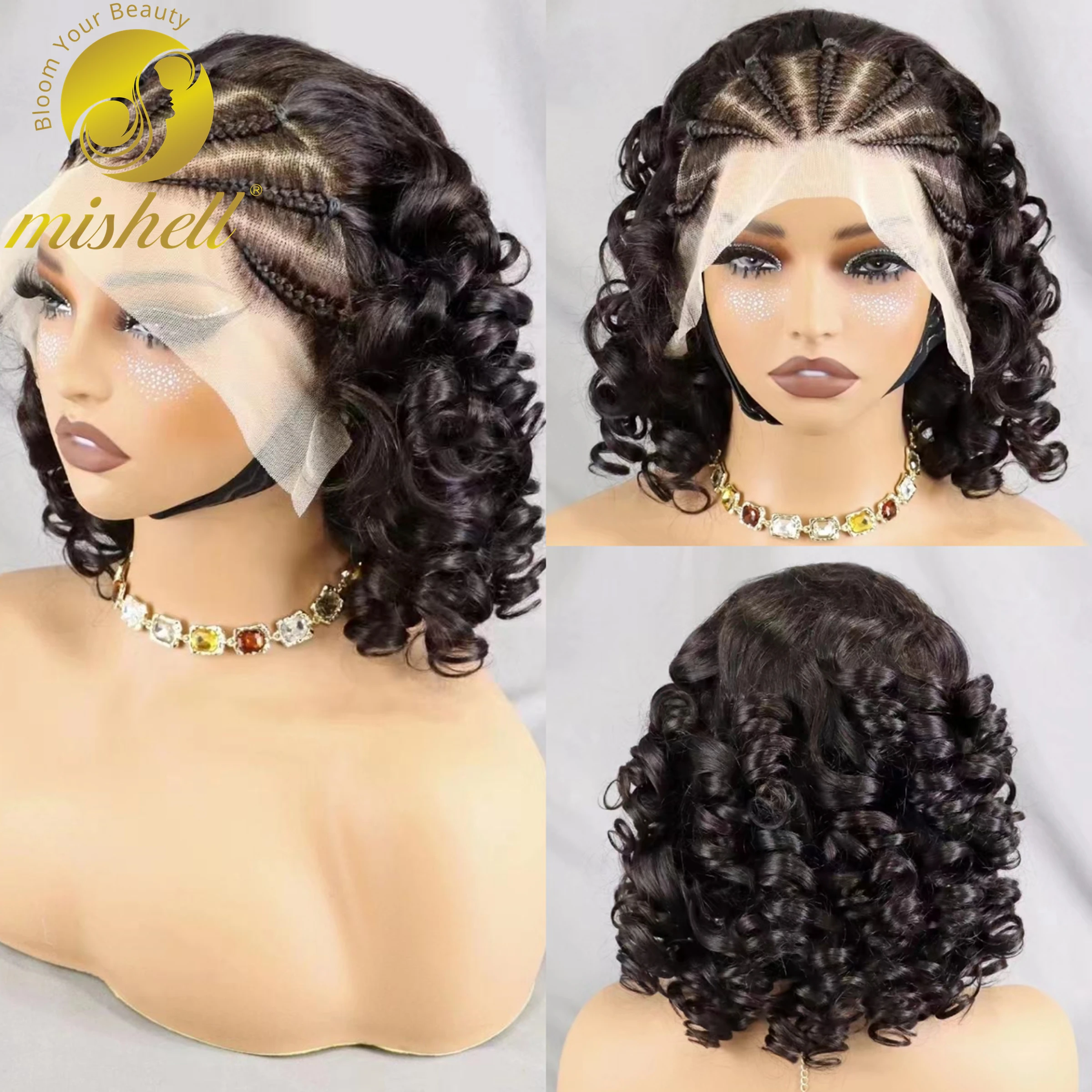 

250% Density 13x4 Lace Frontal Wigs Natural 18 Inch Remy Human Hair Cornrow Braided Wigs Loose Fumi Curly Hair Bob Wig for Women