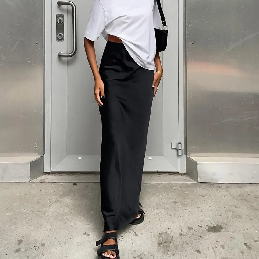 

Versatile Pure Color Silk f-length Skirt High-waist Straight-cut Street-sle Women's Faion Spring-summer New Arrival
