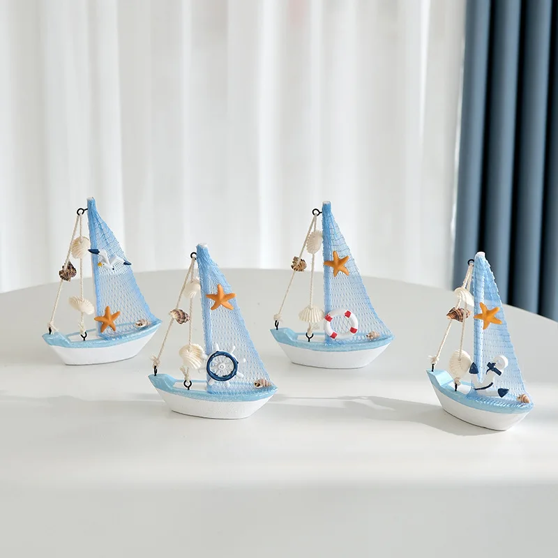 Mediterranean Mini Fishing Net Shells Wooden Small Sailing Boat Model Wood Boat Crafts Desktop Ornament Kids Room Home DecorGift