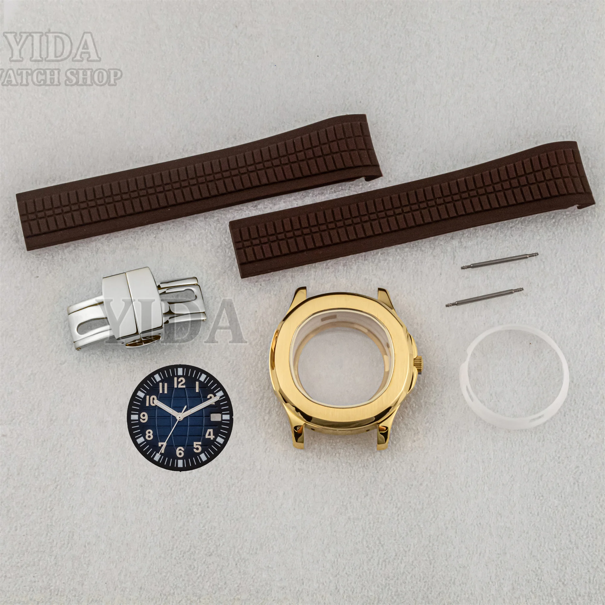 42MM Gold Watch Case Rubber Strap 32mm Dial Green Luminous hands Sapphire Glass Mod Parts For AQUANAUT Nautilus NH35 Movement