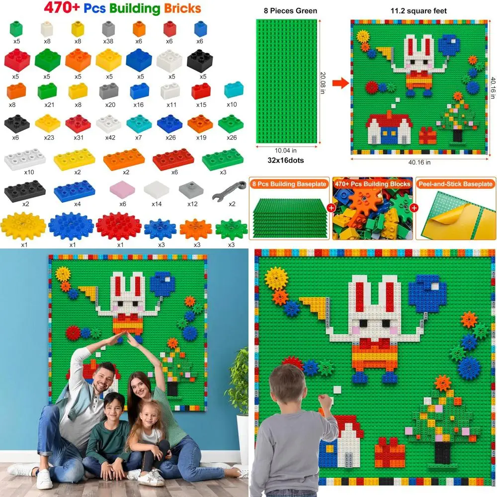 Customizable 470+ Piece Building Block Set with 8 Self-Stick Baseplates for Green Art Table Play