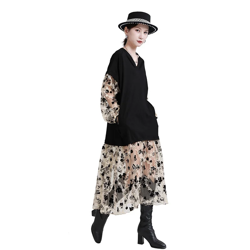 UMI MAO Floral Dress Elegant Fall 2022 Design Loose Thin Hepburn Streetwear French Long Round Neck Women Femme Y2K