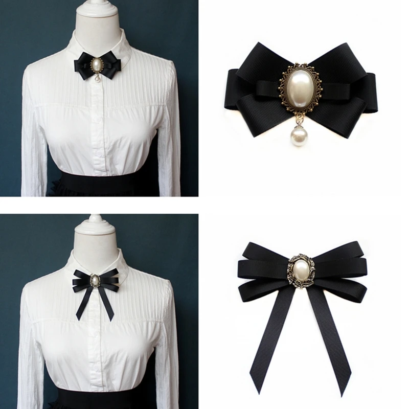 Women Student Handmade Pre-Tied Bowknot Bow Tie with Luxury Diamond Pearl Charms Office Lady Adjustable Ribbon Necktie