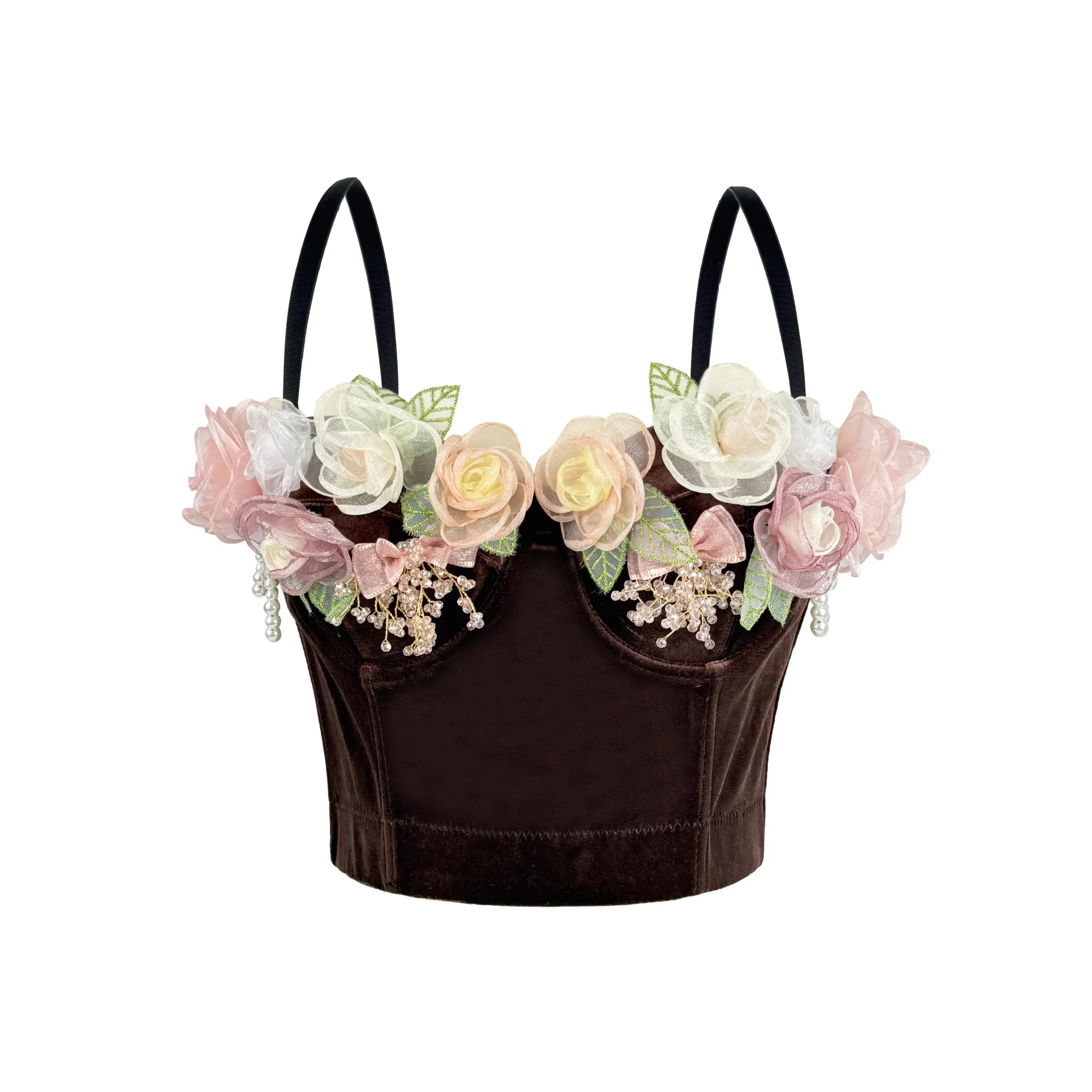 

Velvet Handmade Flower Fish Bone Bra Retro Suspender Vest, Autumn and Winter Inner Tube Top Slim Fish Bone Cute Tops
