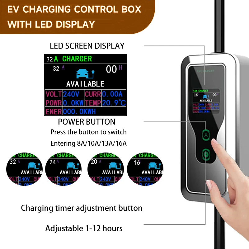 WUFEN المنزلية المحمولة شاحن سيارات كهربائية مرحلة واحدة 7KW مع CEE 220 فولت Type2/GBT/Type1/Tesla التوصيل سيارة كهربائية شحن عالي السرعة
