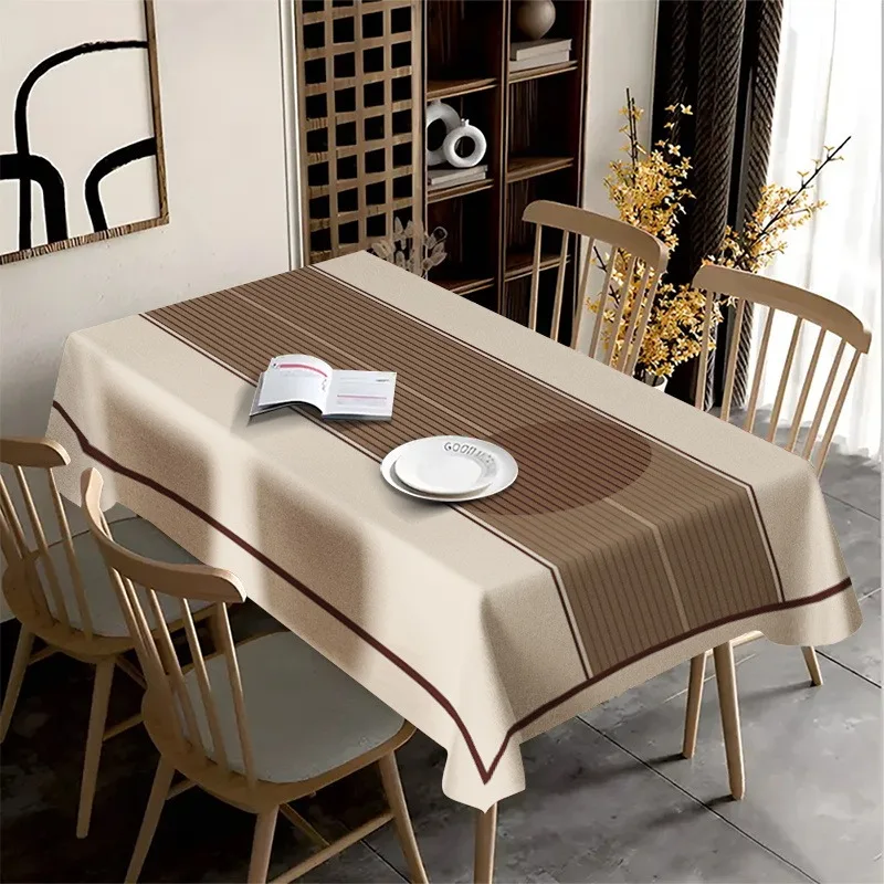 A simple and fashionable tablecloth with beige and brown lines as the pattern, integrating a minimalist style.
