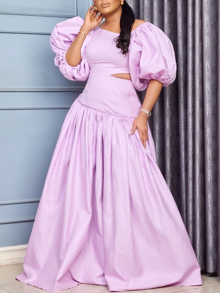 Autumn Fashion Solid Bubble Sleeve Dress Temperament High Waist Hollow Slim Club Party Dress Elegant O- Neck Folded Splice Dress