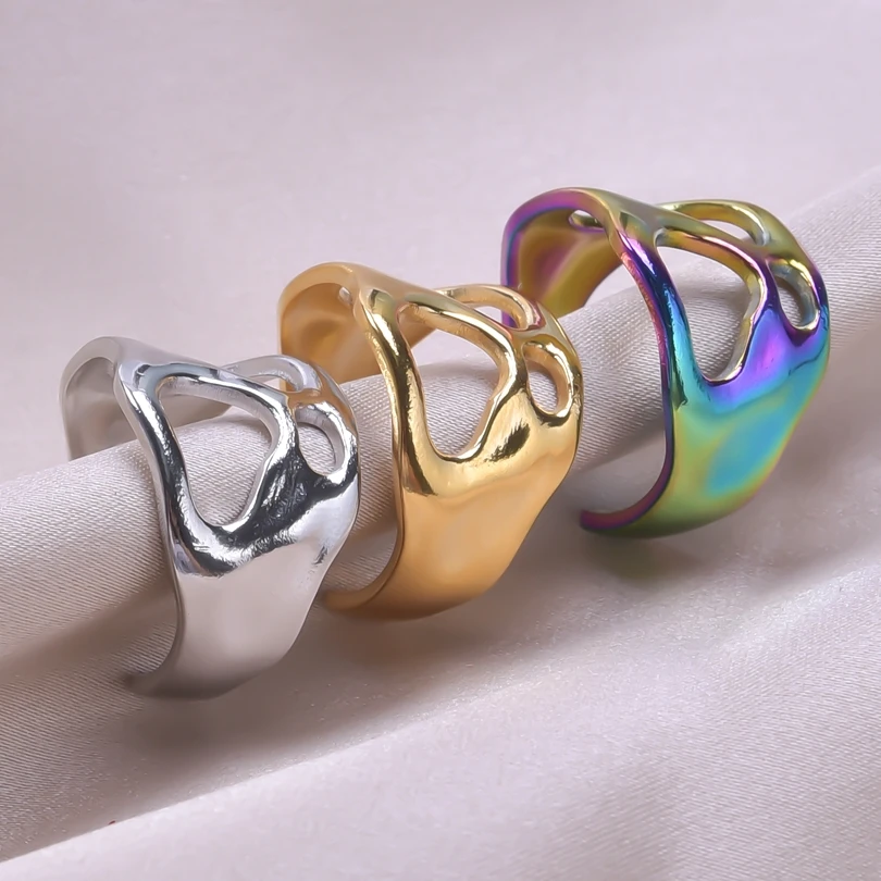 1Pc Stainless Steel Punk Hollow Wide Irregular Liquid Lava Women Open Rings Vintage Textured Personality Anillos Mujer Jewelry