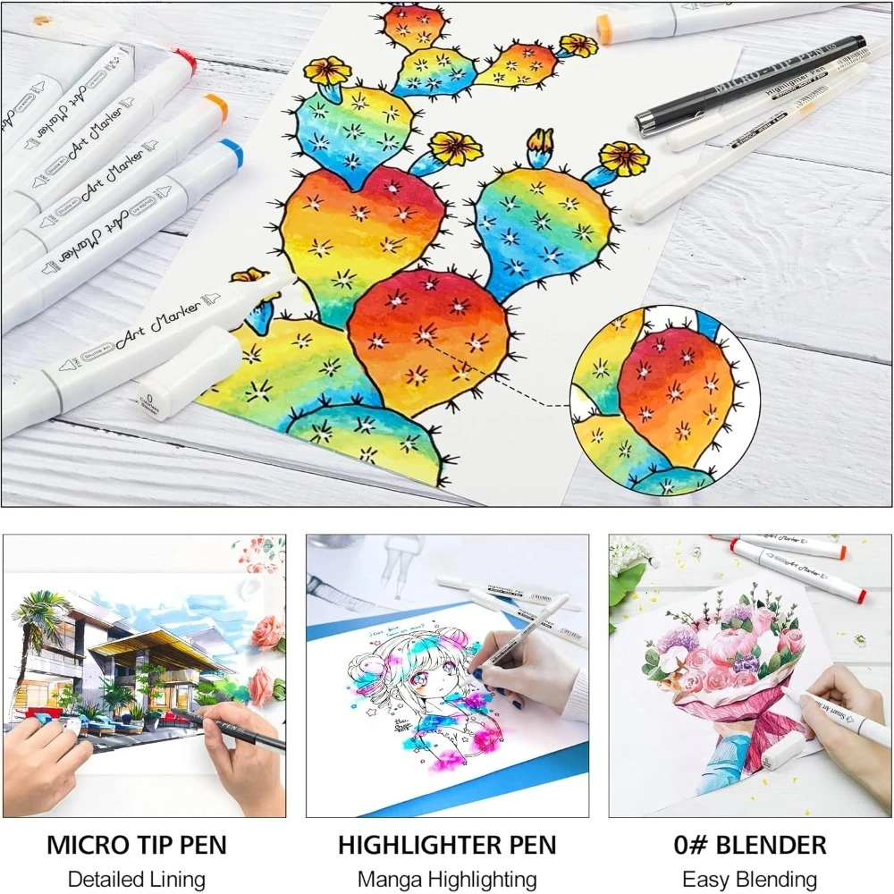 أقلام تحديد فنية مشهورة بوزن 280 لونًا ذات طرف مزدوج، 279 لونًا قلم تحديد دائم بالإضافة إلى خلاط عديم اللون، أقلام ذات طرف صغير - جديد #4