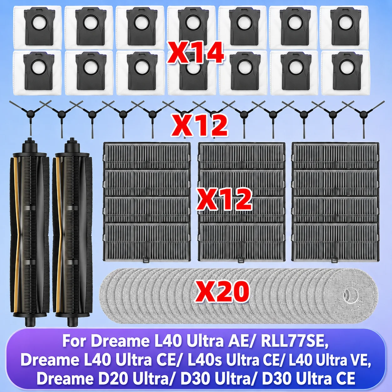 Compatible con (Dreame L40 Ultra AE / RLL77SE,  - No para L40 Ultra, Dreame L40s Ultra CE/ L40 Ultra CE / Dreame D20 Ultra / Dreame D30 Ultra/ D30 Ultra CE ) Cepillo Principal Lateral Filtro HEPA Mopa Bolsa