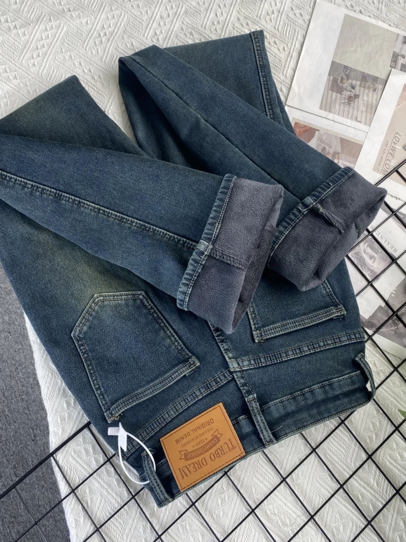 

Утепленные флисовые джинсы с высокой талией и широкими штанинами для женщин, облегающие, зимние, новая модель, теплые, длинные прямые брюки, модные джинсовые штаны