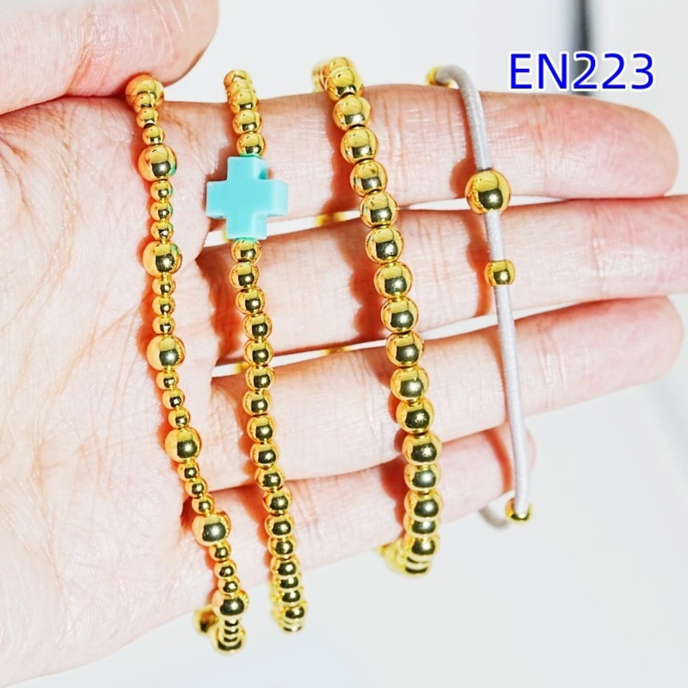 

YEEVAA Turquoise Cross Charm Beads&Round Elastic Cord Rubber Band Stack of 4 Bracelets, Fashion Jewelry Gift for Women