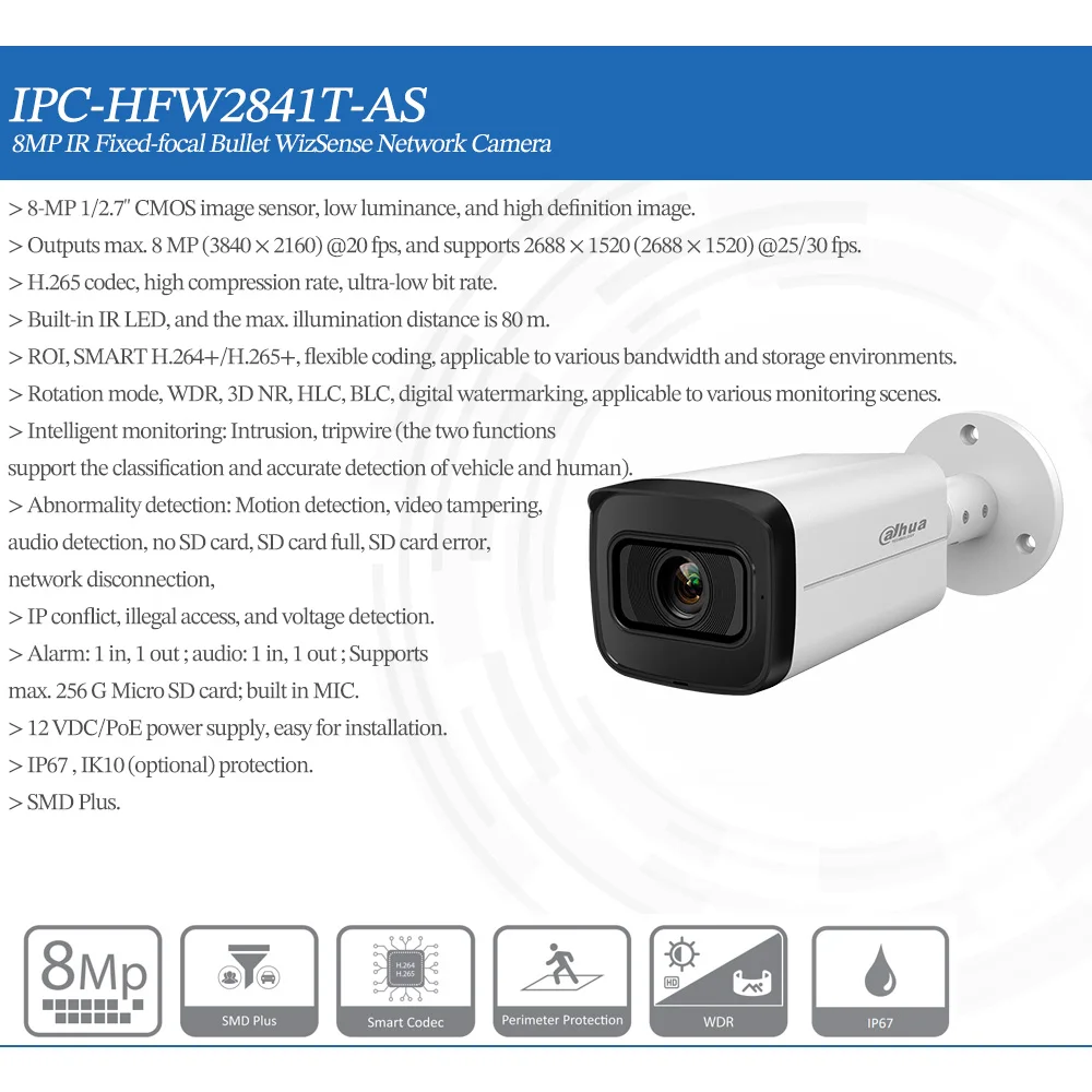 الأصلي داهوا 8MP كاميرا IP IPC-HFW2841T-AS 80M IR ثابت البؤرة رصاصة WizSense POE محيط حماية البحث الذكي IP67