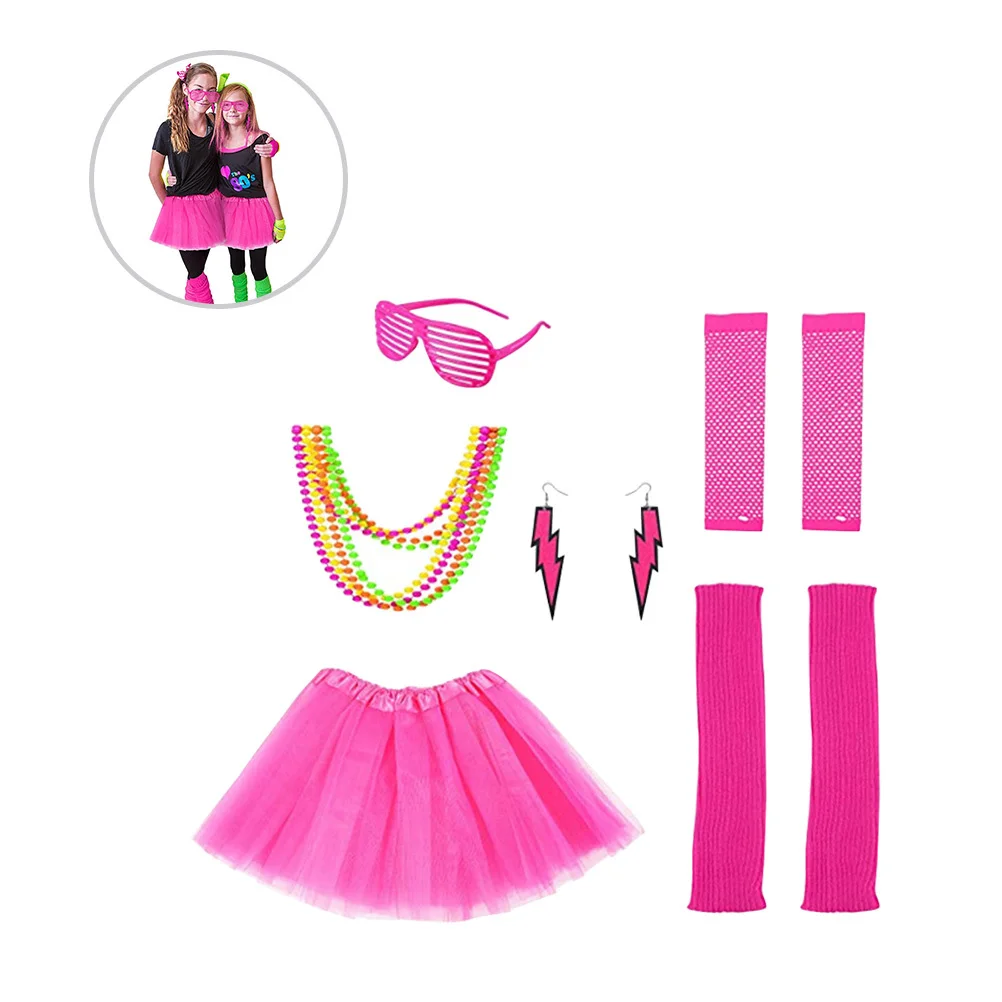 

6 шт., женские вечерние нарядные платья 80-х годов, комплект аксессуаров для костюмов, неоновое ожерелье, серьги, ажурные перчатки, юбки-пачки, праздничный наряд, фото