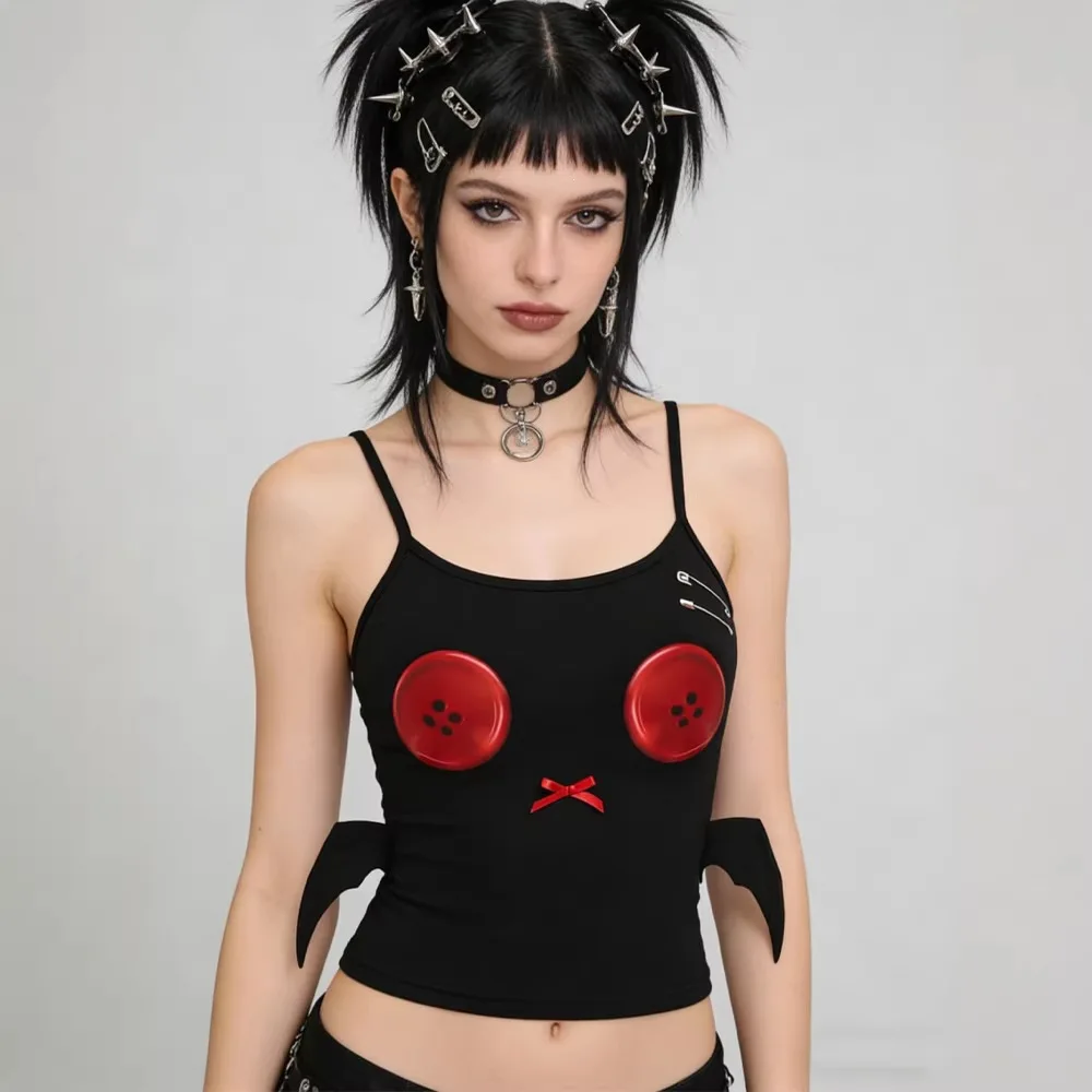 Neues Punk-Ästhetik-Cropped-Camisole-Top im Y2K-Subkultur-Stil, Teufels-Schwarz-Rot-Farbblock, Schleifenflügel, Knopfverschluss, tailliert, Streetwear für heiße Mädchen. – Detail 2
