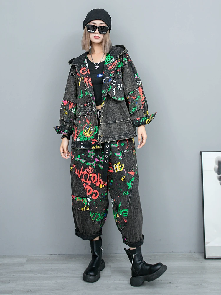 Personalized Cool Printed Denim Pant Set Women Spring Autumn Loose Long Sleeve Coat + Harem Pants Two Piece Set LX816F1