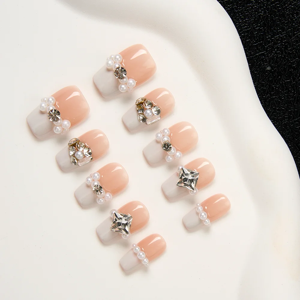 10枚入り ハンドメイド つけ爪 パール フレンチ キャッツアイ ダイヤモンド フラッシュ ネイルチップ 女性＆女の子向け 取り外し可能 ウェアラブル ネイルアート