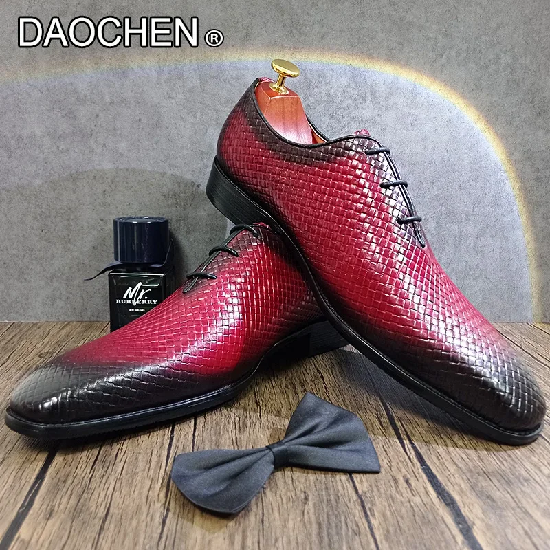 LUXURY MEN LEATHER SHOES RED BLACK LACE UP POINTED WEAVE PRINT CASUAL DRESS MAN SHOE WEDDING OFFICE OXFORD SHOES FOR MEN image 6