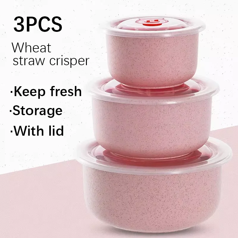 3pcs Wheat straw fresh-keeping bowl three-piece set with lid for home microwaveable plastic round lunch box view 6