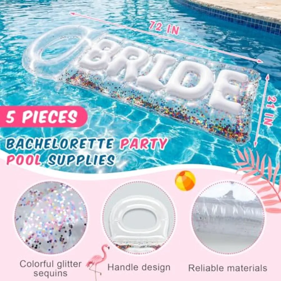 Bachelorette Pool Floats Set For Bridal Shower: Glitter Vinyl Bride Raft And Heart Swim Rings In Pink And Gold With Extra Durab