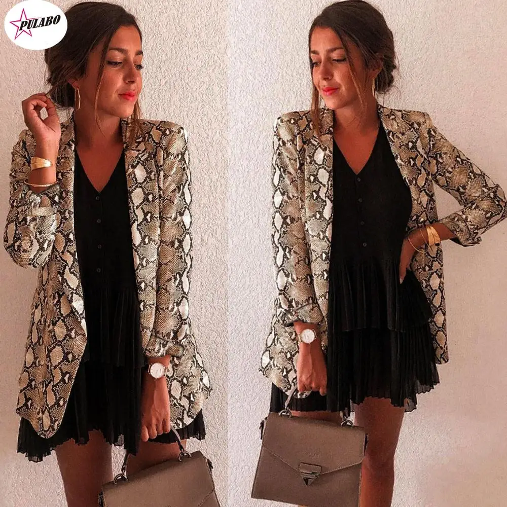 PULABO Blazer Women Snake Print Long Sleeve Suit Coat Biker Jacket Outwear Tops Women\'s Snake Print Blazer Winter Long Blazer