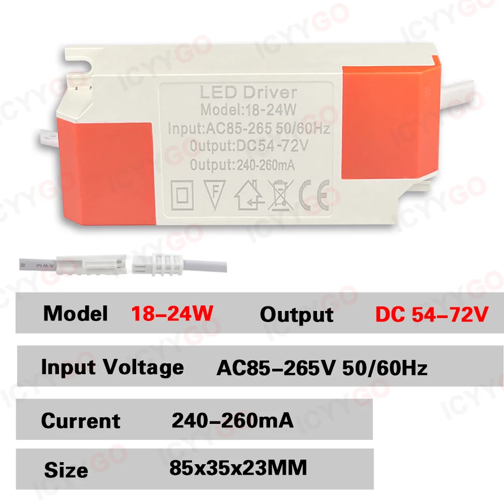 Controlador LED 240-260mA 1-3W 3-5W 4-7W 8-12W 12-18W 18-24W Unidad de fuente de alimentación LED AC85-265V Transformador de iluminación LED Carcasa de plástico