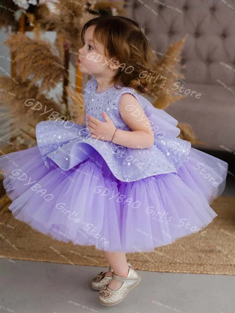 Vestido de princesa lavanda para niñas, vestidos de cumpleaños de tul escalonados, lentejuelas brillantes, longitud del té, ropa para niños pequeños, vestidos hechos a medida